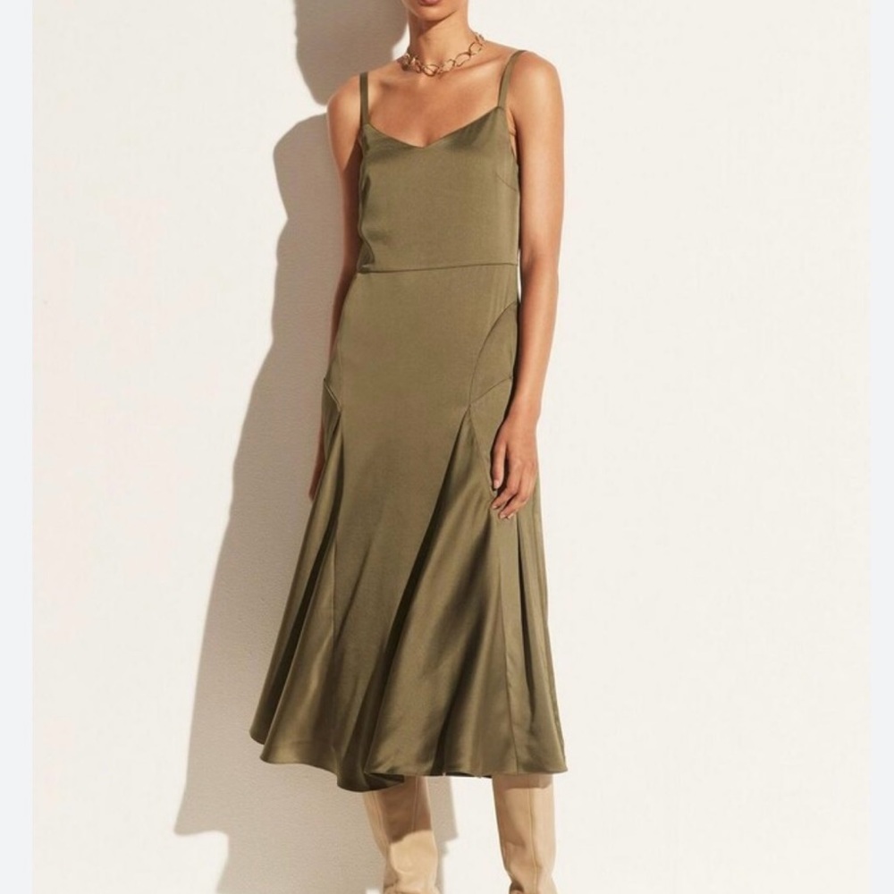 Vince Paneled V-Neck Slip Dress in Olive Green